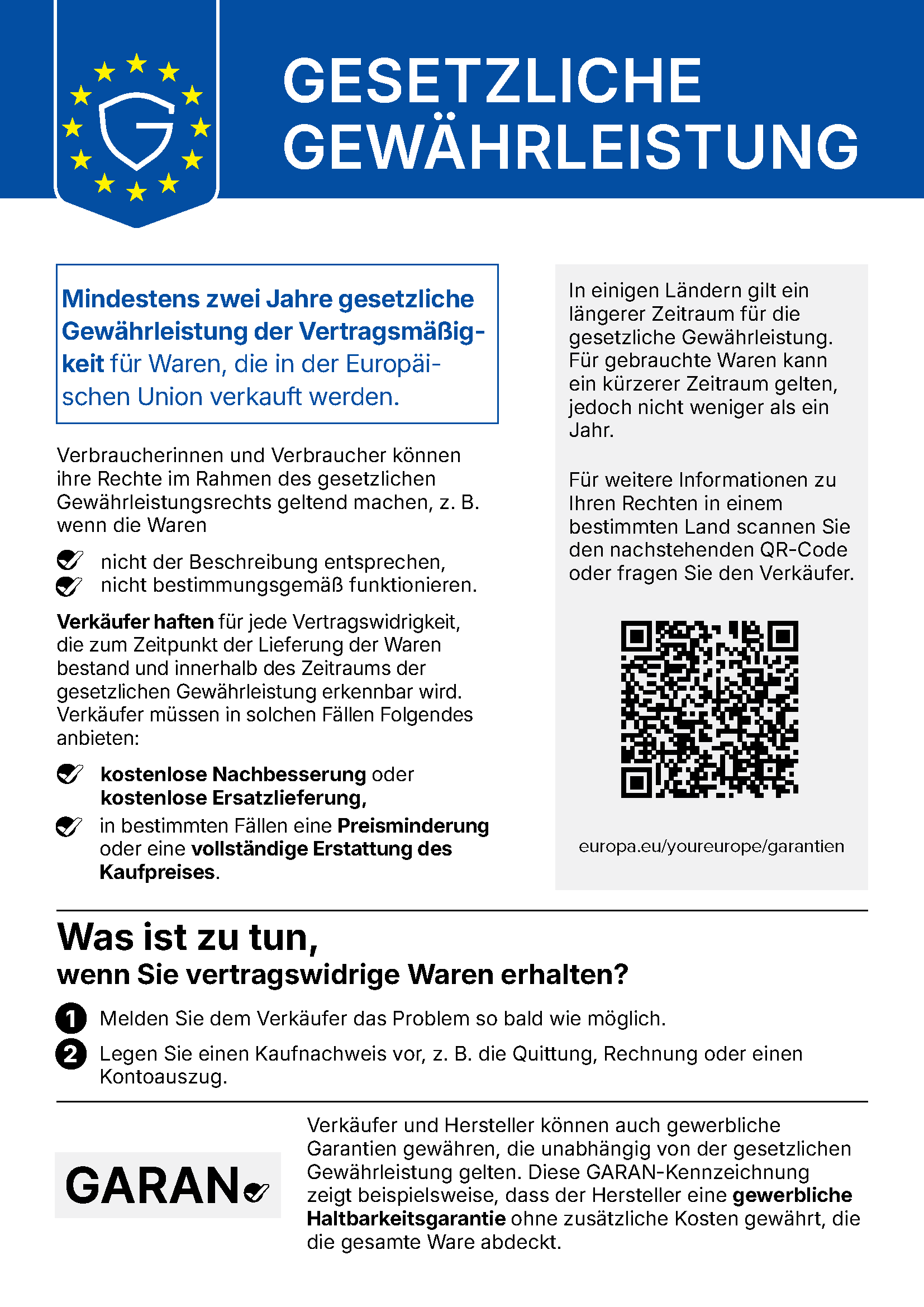Gesetzliche Gewährleistung – Verbraucherrechte in der EU EU-Hinweis zur gesetzlichen Gewährleistung mit Verbraucherrechten und QR-Code