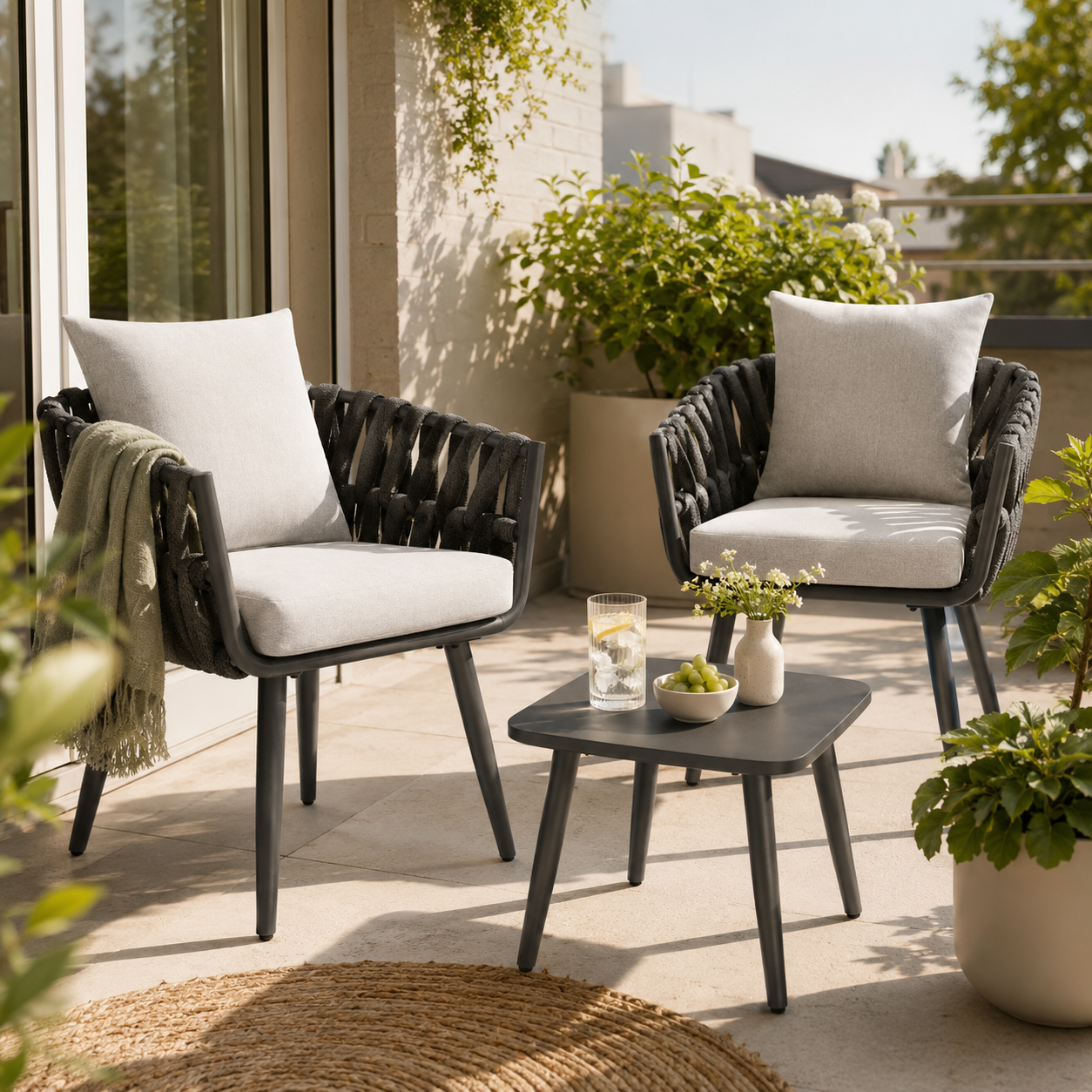 Zwei schwarze Gartenstühle mit hellen Polstern und Beistelltisch