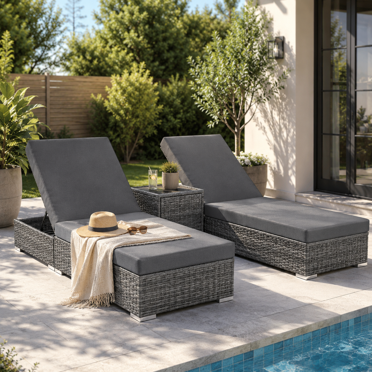 Zwei graue Sonnenliegen mit Tisch am Pool auf moderner Terrasse