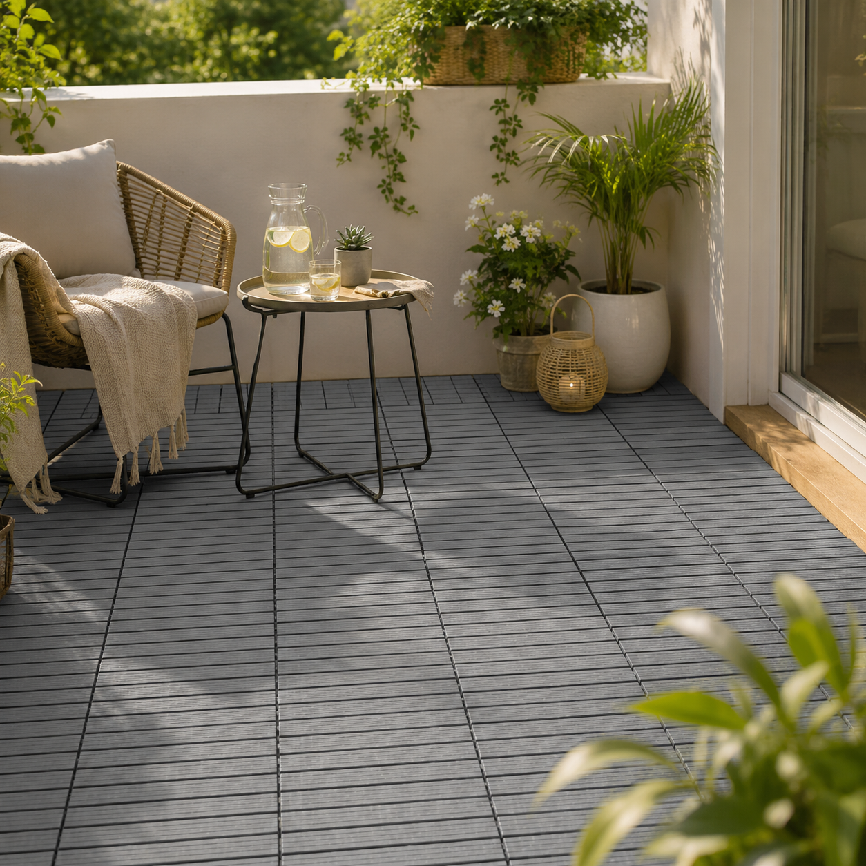 alkon mit grauen Bodenfliesen, Pflanzen und kleinem Gartentisch