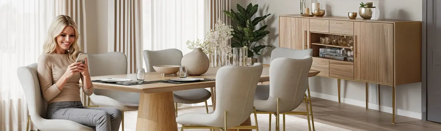 Stilvoller Essbereich im natürlichen Look – entdecke Einrichtungsideen bei tectake. Essbereich mit Holztisch, Stühlen und Sideboard – eine Frau sitzt am Tisch mit ihrem Smartphone.