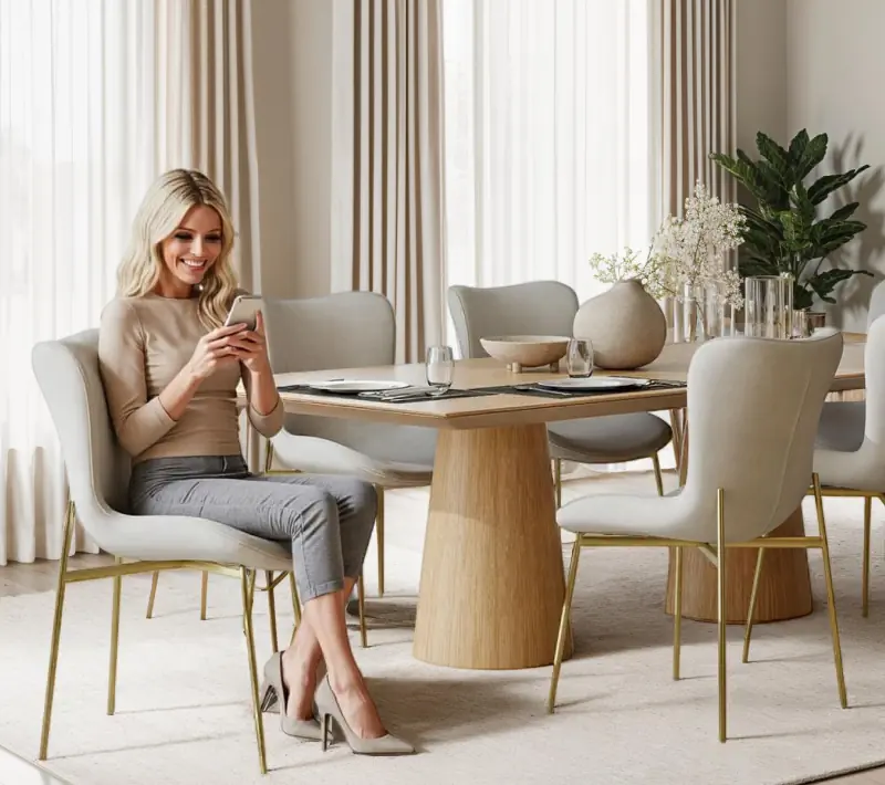 Stilvoller Essbereich im natürlichen Look – entdecke Einrichtungsideen bei tectake. Essbereich mit Holztisch, Stühlen und Sideboard – eine Frau sitzt am Tisch mit ihrem Smartphone.