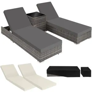 2 Sonnenliegen Rattan mit Aluminiumgestell und Tisch inkl. Schutzh&uuml;lle