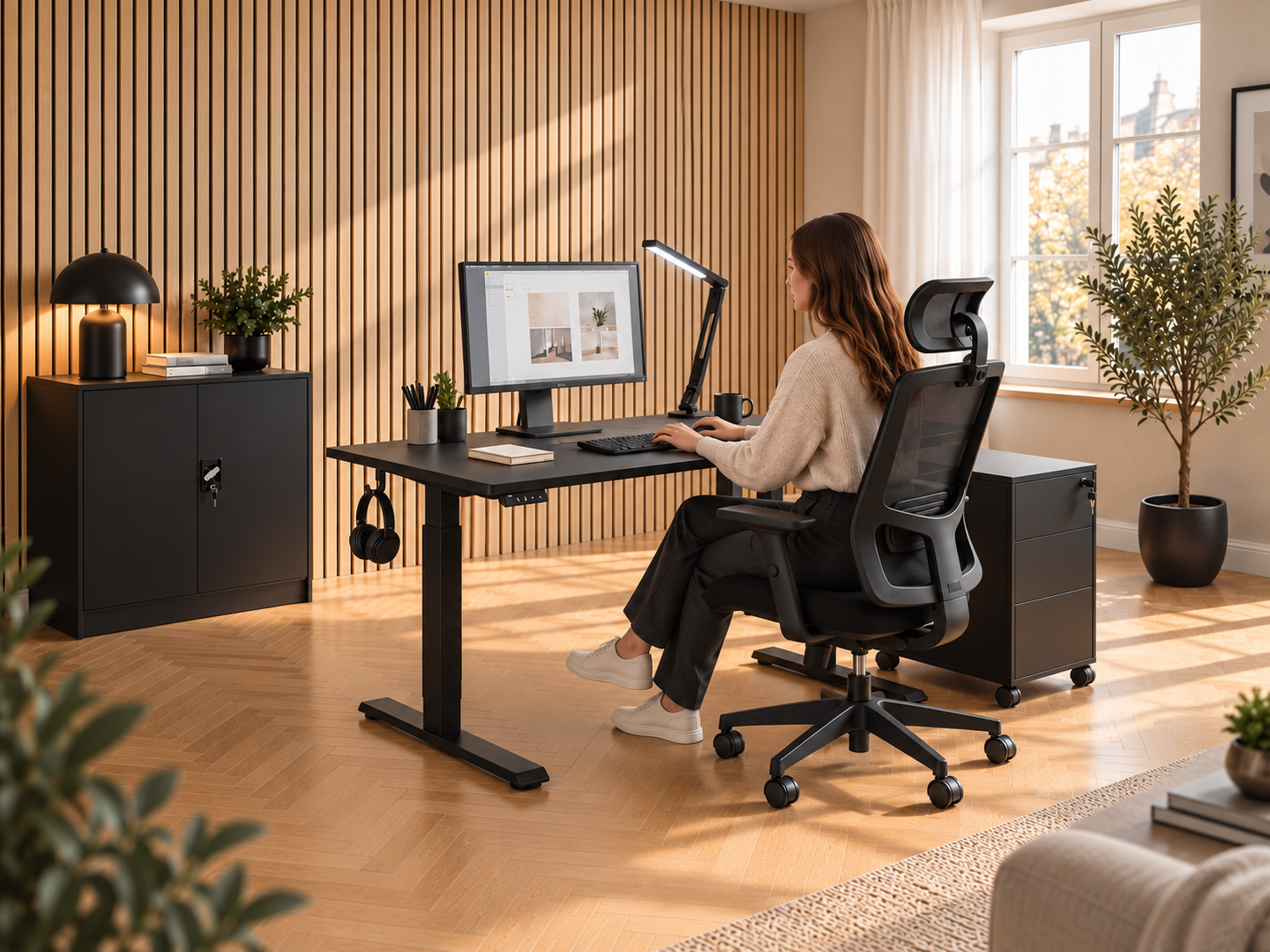 Modernes Homeoffice mit Schreibtisch, Bürostuhl und schwarzem Stauraum.