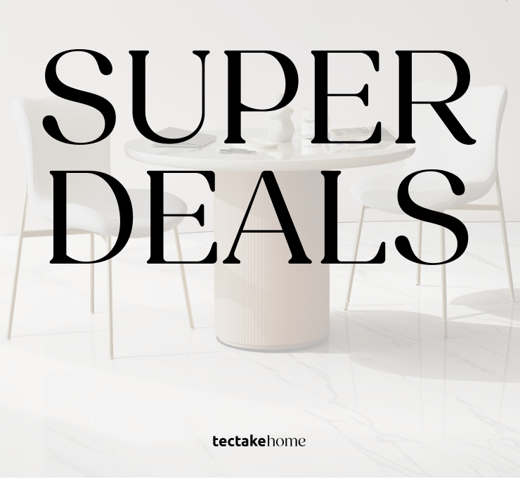 Heller, moderner Essbereich mit rundem Tisch und zwei weißen Stühlen – Superdeals bei tectakehome.